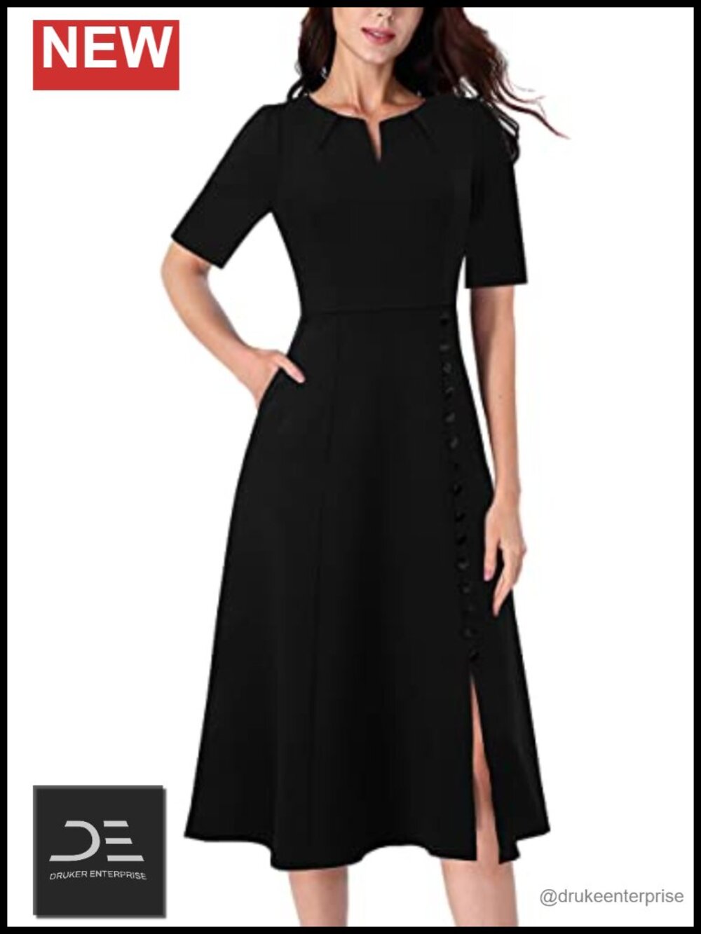 Womens Work Office Business Church A-Line Midi Dress Pockets